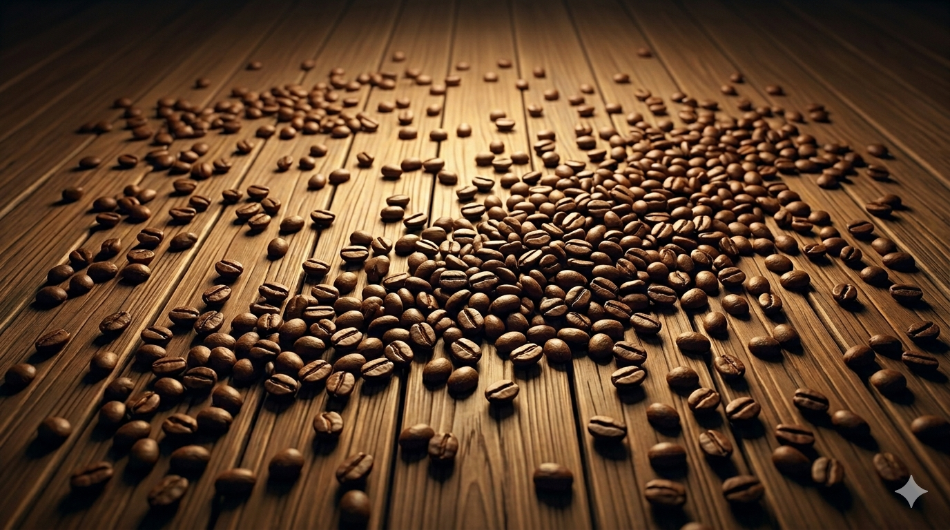 Fresh coffee beans on a wooden surface