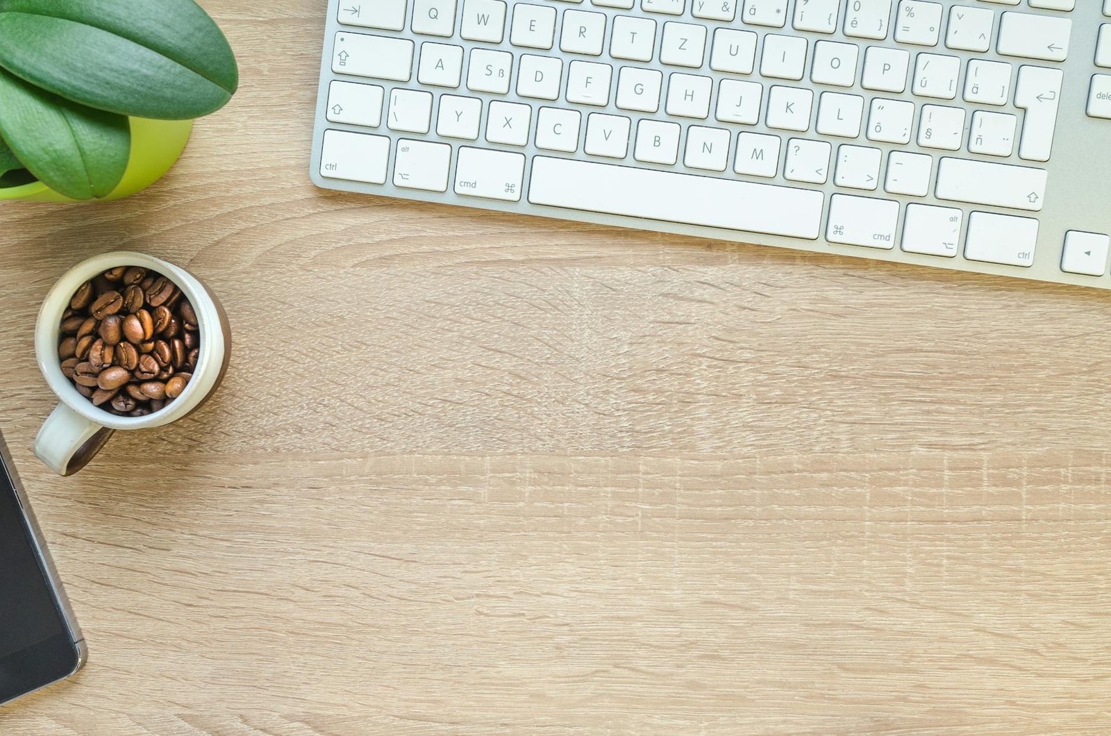 A cup filled with whole coffee beans sits on a wooden office desk next to a keyboard, smartphone, and small plant.